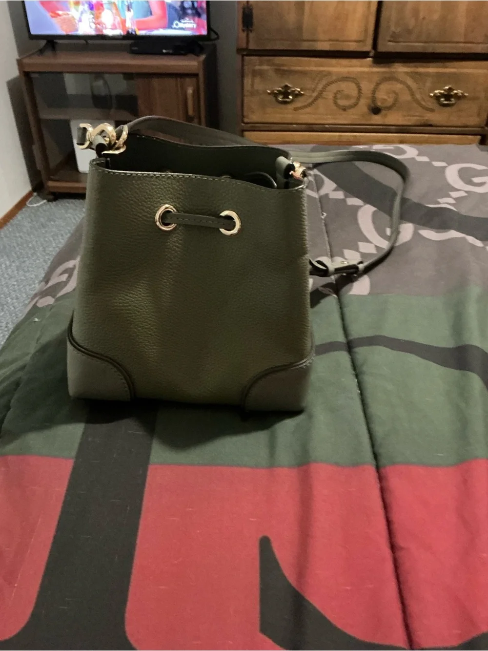 Michael Kors Olive Green Drawstring Bucket Crossbody Bag with Gold Hardware